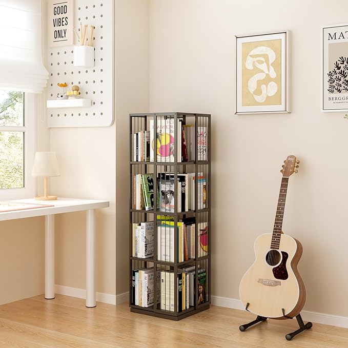 Square Rotating Bookshelf Tower - 360 Spinning Display Corner Bookcase for Narrow Space, Modern 4-Tier Revolving Storage Shelf, Black