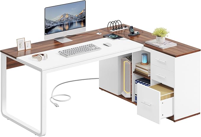 YITAHOME Executive Desk with Power Outlets, 71" L Shaped Desk with File Cabinet, Executive Desk with Drawers & Storage Shelves, Corner Office Desk with Bookshelf for Home Office, Walnut & White