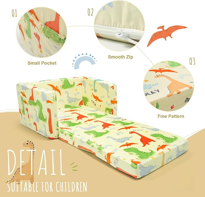 Dinosaur Kids Sofa Bed,Diary Kids Couch- Convertible 2-in-1 Lounger with Detachable Washable Cover, Foldable Toddler Chair, Flannel-Covered Toddler Armchair for Bedroom, Playroom, Naps & Travel