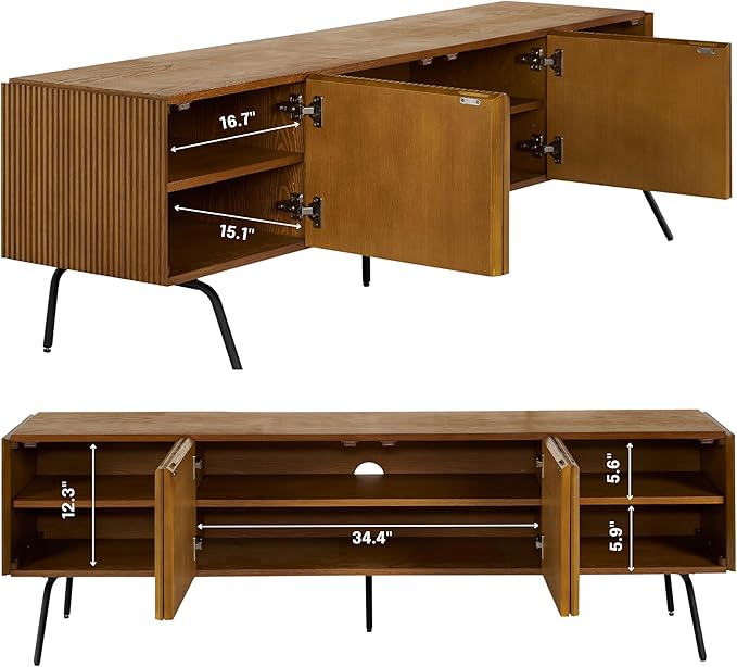 NTC Veil TV Stand with 4 Doors for TVs up to 75’’, Media Console with Vertical Groove Design and Metal Legs, Modern Entertainment Center for Living Room and Bedroom, Effortless Assembly, Rustic Oak