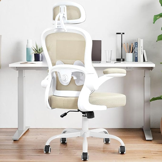 Ergonomic Office Chair,Ultra Thick Office Desk Chair with Adjustable Lumbar Support and Headrest,Spring Cushion,Rocking Function,Flip-up arms,Mesh Computer Chair for Home Office,Khaki