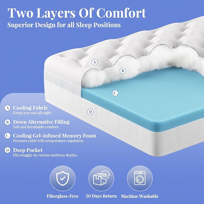 OhGeni Cooling 4 inch Dual Layer Full Mattress Topper, 2 inch Cooling Gel Memory Foam, 2 inch Down Alternative Pillow Top Pad, Mattresses Cover for Bed, Medium Support, Fits 6”-19” Deep Pocket