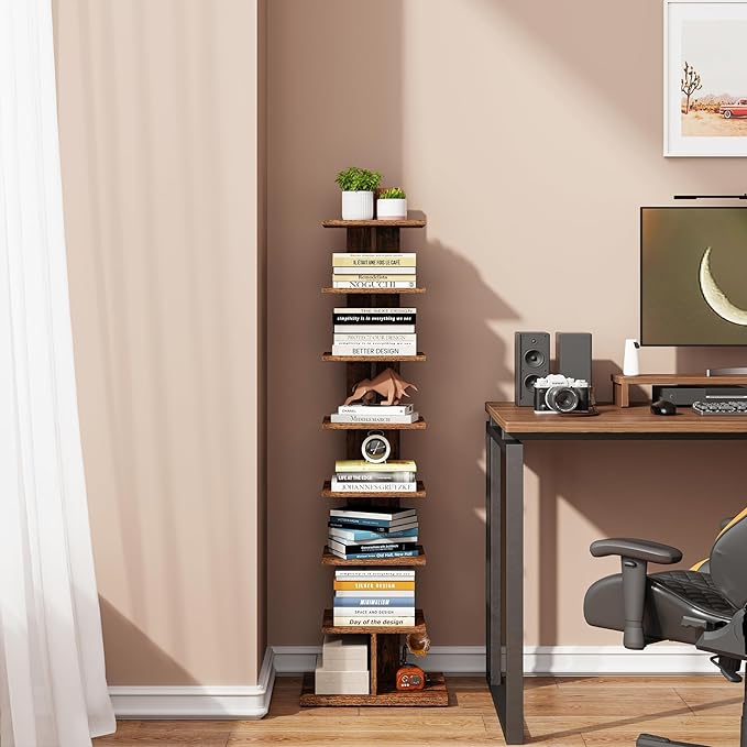 TUTOTAK Narrow Bookshelf, 8-Tier Bookcase, Spine Book Shelf for Small Space, Corner Standing Shelf for Living Room, Office, Study, Entryway, Rustic Brown BS06BB008