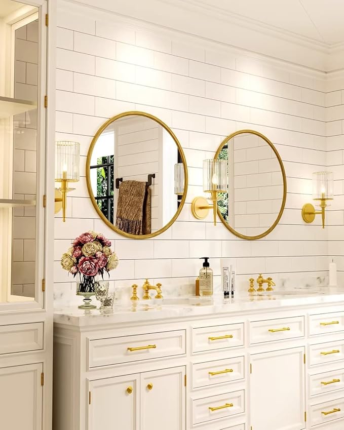 Growsun 24 inch Retro Gold Round Mirror Circle Wall Mirror for Bathroom Vanity, Entryway Living Room with Metal Frame for Home Decor