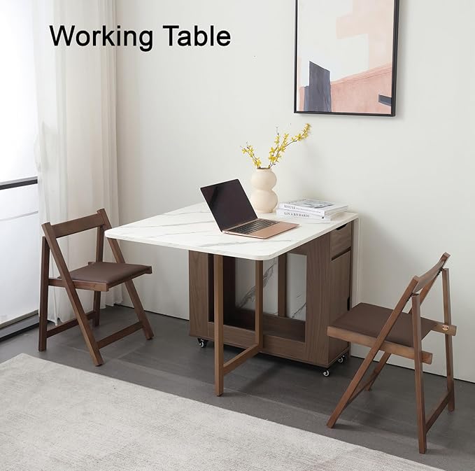 Foldable Space Saving Dining Table Extendable, Folding Dining Table with Storage and Wheels 2-Layers, Versatile Drop Leaf Table Modern for Living Room, Kitchen, RV Campers (Walnut)