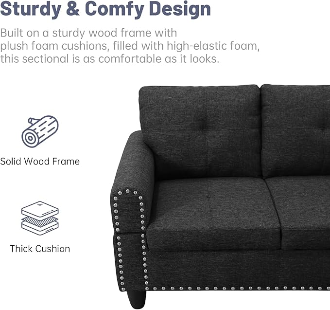 L Shaped Modular Sectional Sofa with Reversible Chaise Lounge, 5-Seater Corner Couch, Linen Upholstery Convertible Sofá w/Movable Ottoman, Cup Holders, 2 Pillows and Rivet Ornament for Living Room