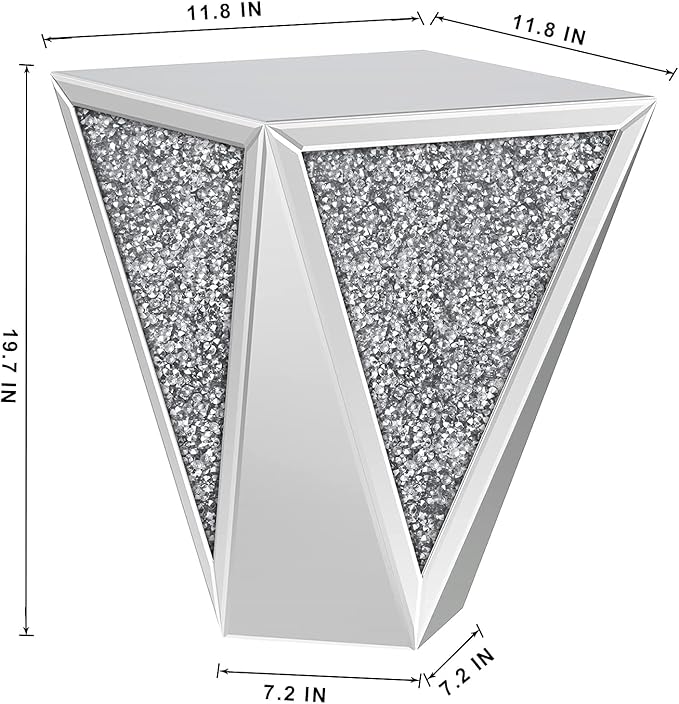 ENENE 19.7" Mirrored End Table Crystal Diamond Setting Coffee Table Silver Glass Side Table Pedestal Stand for Hallway, Living Room, Corner, Bedroom, Sofa