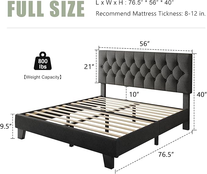 Feonase Full Size Platform Bed Frame with Button Tufted Headboard, Upholstered Linen Bed with Wooden Slats Support, No Box Spring Needed, Easy Assembly, Noise-Free, Dark Grey
