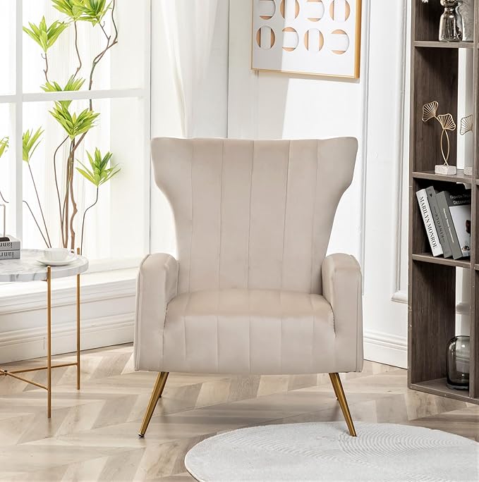 Container Furniture Direct Modern Velvet Accent Chair, Channel Tufted Bedroom, Office or Living Room Furniture with Elegant Metal Legs, 26" Wide Armchair, Beige