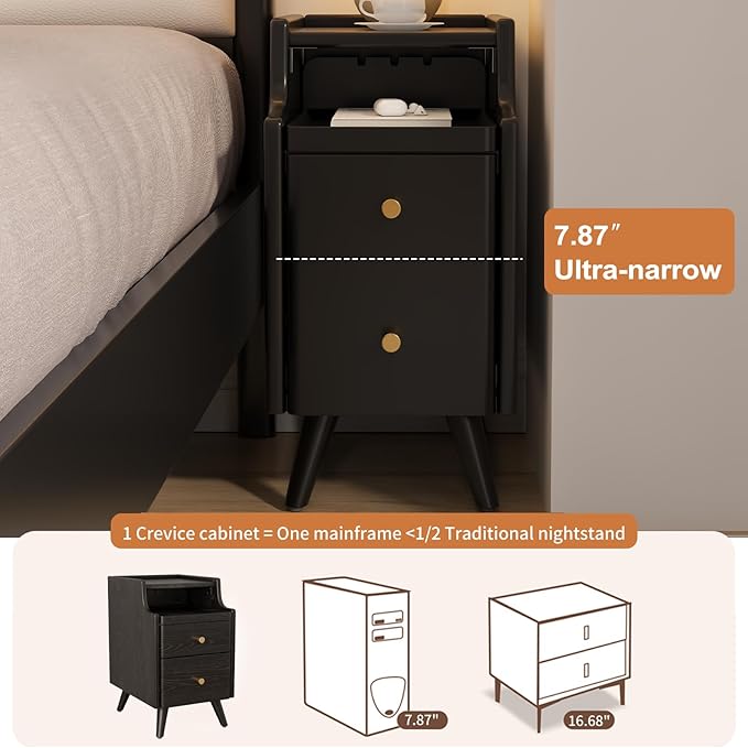Small Nightstand with Drawers, Solid Wood Bedside Table, Narrow Walnut Nightstand for Bedroom