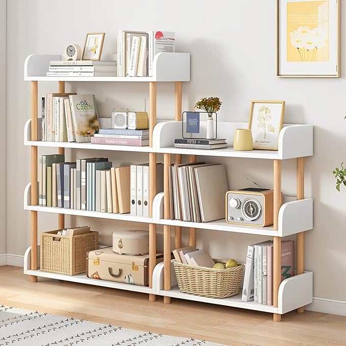 4-Tier Wooden Open Bookcase - Modern Display Bookshelf with Side Panels and Solid Wood Frame for Home and Office, Storage Cabinet, Warm White