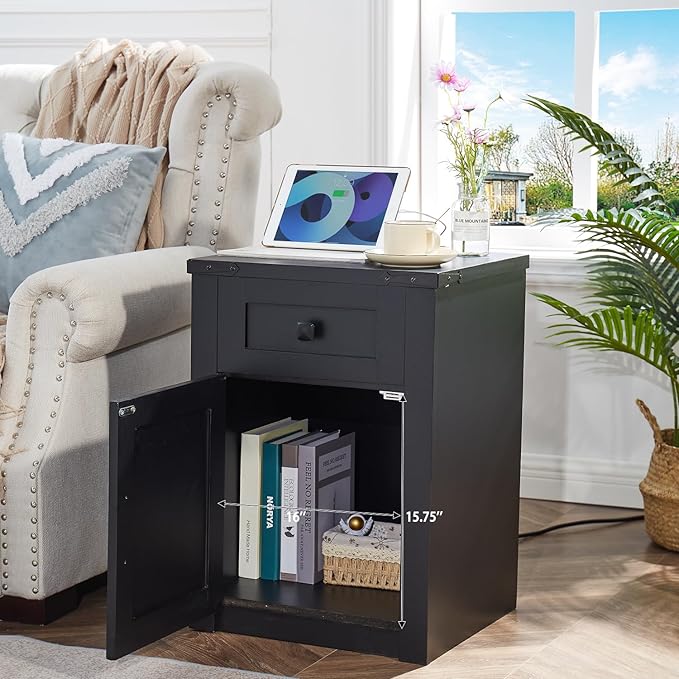 SOOWERY Nightstands Set of 2, Nightstand with Charging Station, Farmhouse End Table with Barn Door and Drawer, Rustic Wood Sofa Side Table for Bedroom, Living Room, Black