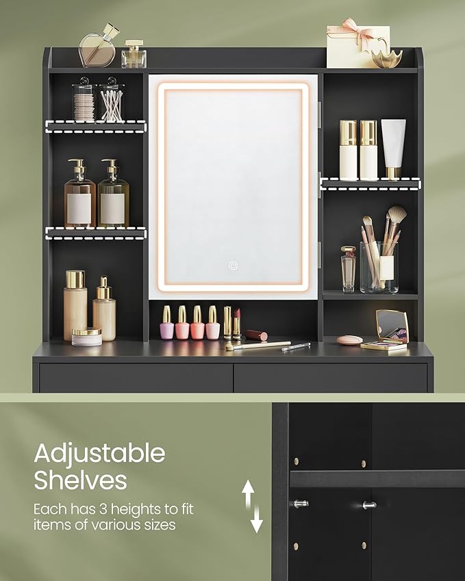 VASAGLE Vanity Desk with Mirror and Lights, Makeup Vanity with Upholstered Vanity Stool, Dimmable LED Lights, Adjustable Shelves, 7 Compartments, 2 Drawers, for Bedroom, Ink Black URDT131B01