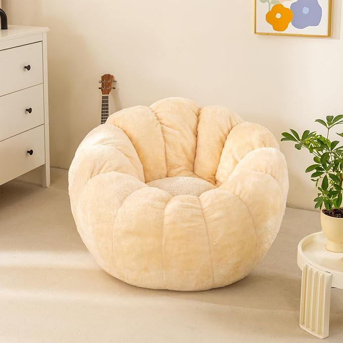 Pumpkin Bean Bag Sofa Chair, Bean Bag Chair with Filler for Teens, Kids, Toddler, Comfy and Lazy Sofa for Dorm, Apartment, Living Room and Bedroom, Ivory
