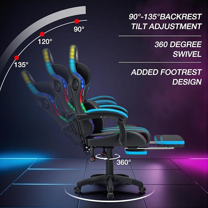 HOFFREE Gaming Chair with Music Rhythm RGB LED Lights and Bluetooth Speakers Ergonomic Massage Computer Gaming Chair with Footrest Video Game Chair High Back with Lumbar Support Blue and Black