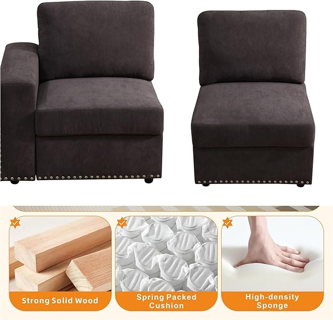 Sectional Couches for Living Room, 93″ Nail-Head Cloud Couches, Modern Comfy 3 Seater Sectional Sofa with Deep Seats for Bedroom, Office, Small Space, Brown