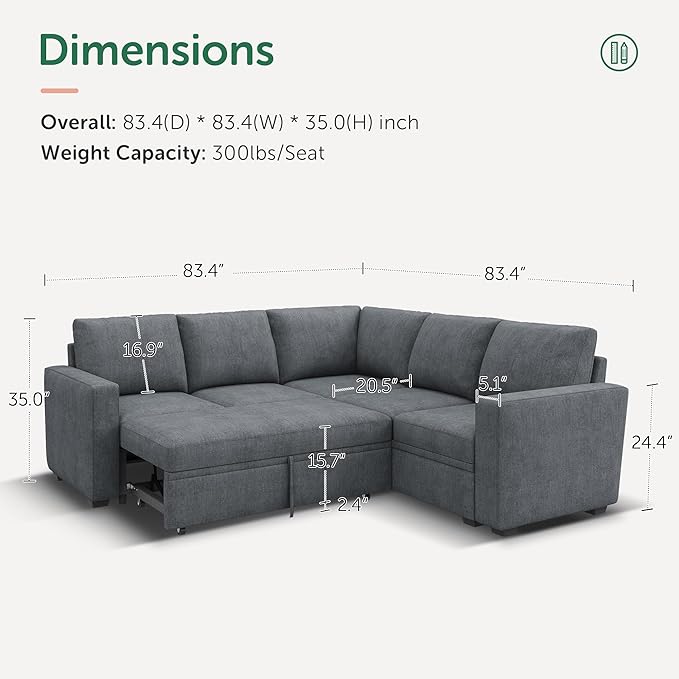 HONBAY Modular Sectional Sleeper Sofa with Pull Out Bed, Chenille L Shaped Couch with Storage Seats, Convertible Sectional Couches for Living Room, Bluish Grey