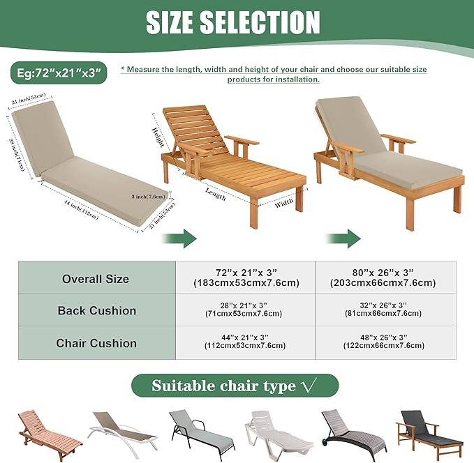 Chaise Lounge Cushions Outdoor - Waterproof and Fade Resistant Sun Lounger Replacement Cushions - Patio Lounger Pads with Removable Cover for Pool, Deck, Lawn, 80 x 26 x 3 Inch, Cream