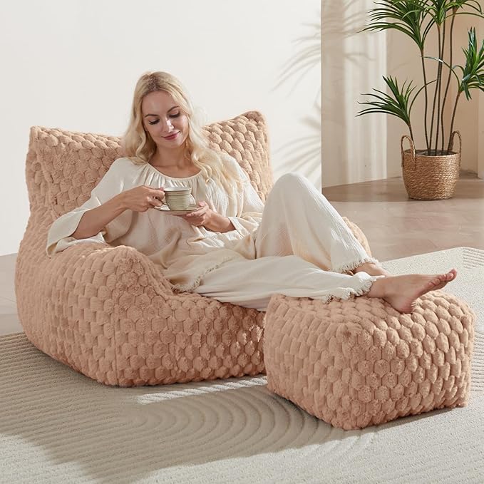 Bean Bag Chair with Ottoman - Modern Comfy Beanbag Sofa with Footrest, Soft Faux Fur Lounger Chair for Adults Teens, Cozy Memory Foam Filled Gaming Reading Chairs for Bedroom, Living Room (Camel)