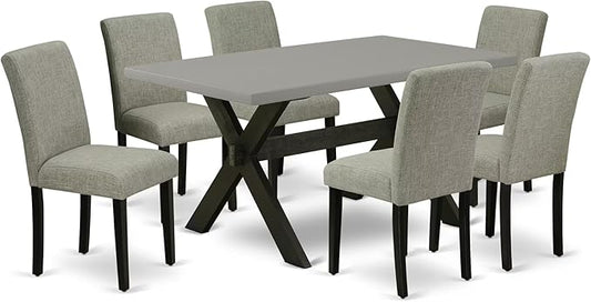 East West Furniture X696AB106-7 7 Piece Modern Dining Table Set Consist of a Rectangle Wooden Table with X-Legs and 6 Shitake Linen Fabric Upholstered Chairs, 36x60 Inch, Multi-Color