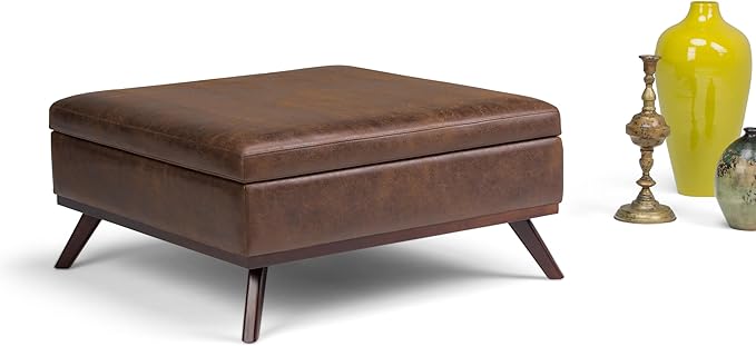 SIMPLIHOME Owen 36 inch Wide Mid Century Modern Square Coffee Table Storage Ottoman in Distressed Chestnut Brown Vegan Faux Leather, Assembled, for the Living Room, Entryway and Family Room
