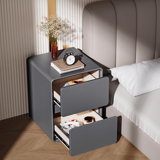 VICITON Modern Narrow Faux Leather Nightstand, Solid Wood Drawer, Storage Accent Table, Small Side End Table for Bedroom (Gray, Large(15.7inch))