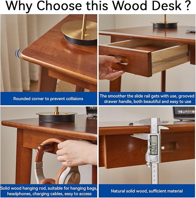 Wood Writing Desk with Drawer and Hanging Rod, Small Computer Desk Table, Work Table, Study Desk, Small Wooden Dining Table Brown YD-WD01H