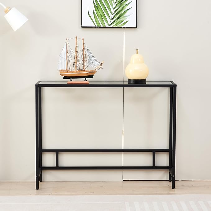 MAJARO Small Modern Console Table for Entryway, Tempered Glass with Metal Frame Sofa Table for Living Room, Hallway, Office (Single-Layer, Black)