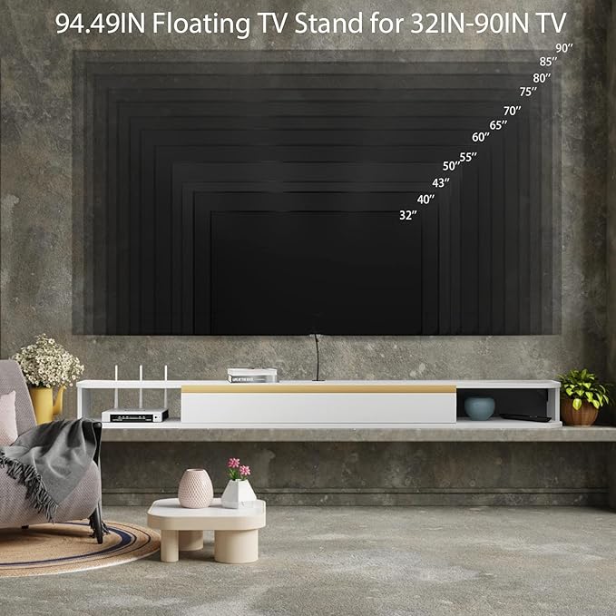 Floating TV Stand, 95'' Wall Mounted Entertainment Center TV Media Console, Floating Shelves with Door, Floating TV Cabinet Large Storage TV Bench for Living Room (White, 94.49IN)