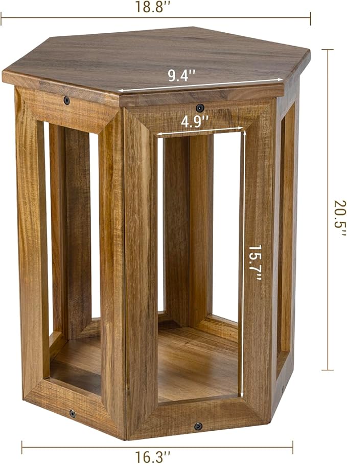 MyGift Premium Acacia Solid Wood Hexagon Designer End Table, 20 Inch Tall Wooden Living Room Sofa Side Table, Hexagonal Tabletop Plant Stand Home Furniture