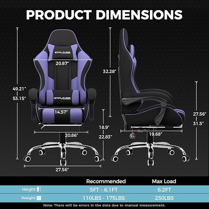GTPLAYER Gaming Chair, Computer Chair with Footrest and Lumbar Support, Height Adjustable Game Chair with 360°-Swivel Seat and Headrest and for Office or Gaming (Purple, Fabric)