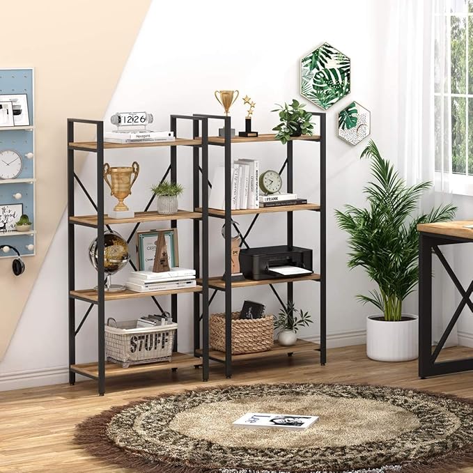 BON AUGURE Industrial 4 Tier Bookshelf, Modern Open Shelving Unit Book Shelves, Heavy Duty Etagere Bookcase, Wood Metal 4 Shelf Book Case for Office, Living Room and Bedroom (Vintage Oak)