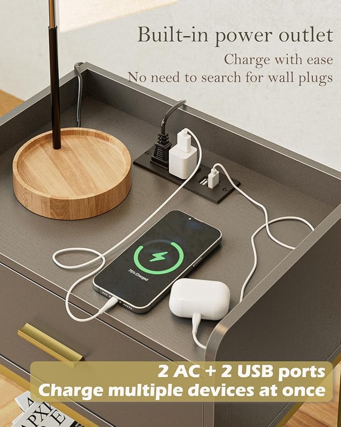 Nightstand with Charging Station,3-Tier Bedside Table for Small Space,Modern Night Stand with Storage Drawer and Shelf,Small Side Table for Bedroom,Living Room,Gray
