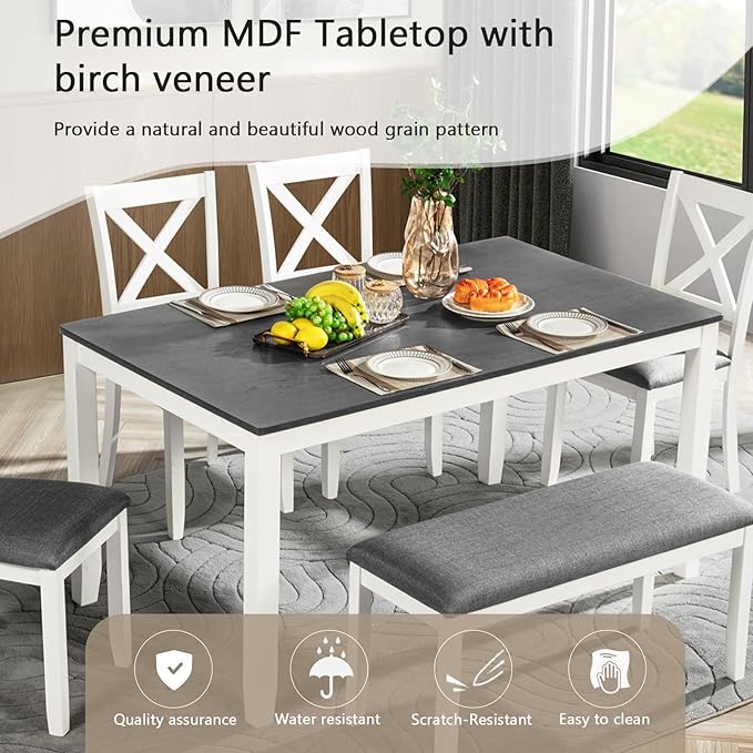 Ball & Cast 6 Piece Dining Table Set with 4 Upholstered Chairs & 1 Bench,Wooden Living Room Furniture for 6 W/ 58.5" Rectangle Kitchen Desk,for Dining Room,Home Bistro,Apartment,White+Gray