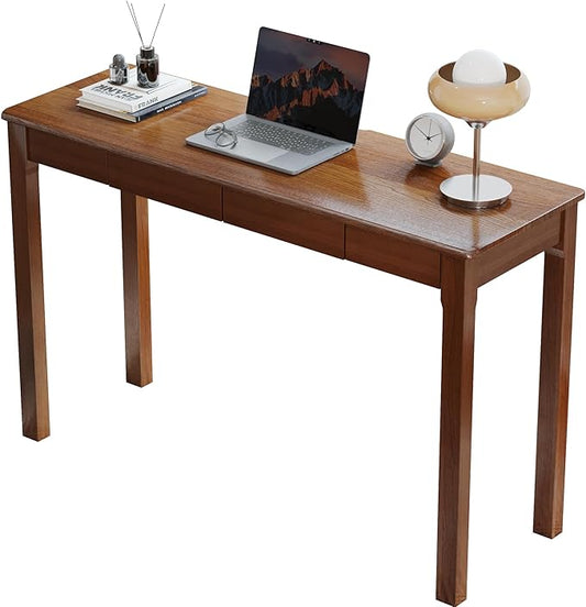 Solid Wood Desk with Drawers - 47 x 16 Inch Vintage Narrow Desks, Mid Century Modern Desks, Rubber Wood Study Table, Small Writing Desk for Bedroom|Small Spaces - Walnut Color