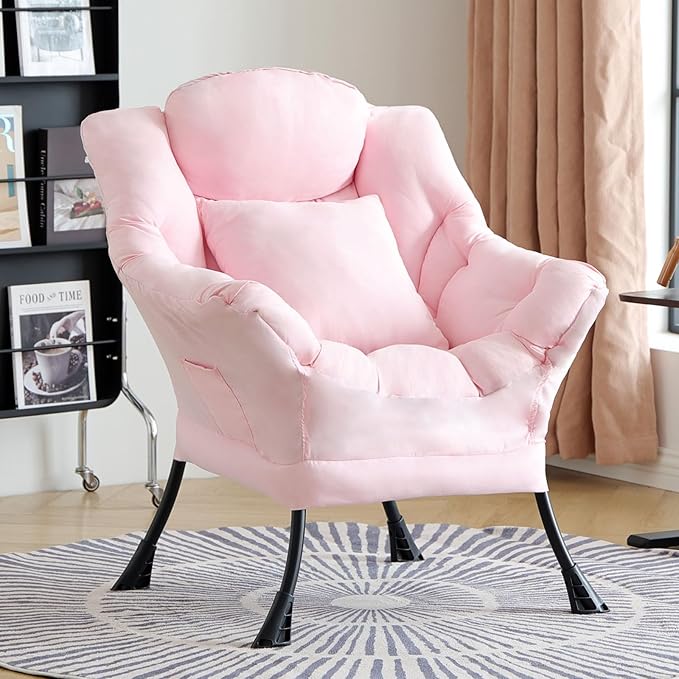 Lazy Chair with Pillow for Living Room, Modern Lounge Accent Chair with Armrests and a Throw Pillow, Leisure Sofa Chair Set, Reading Chair for Bedroom, Dorm Room, Office, Pink