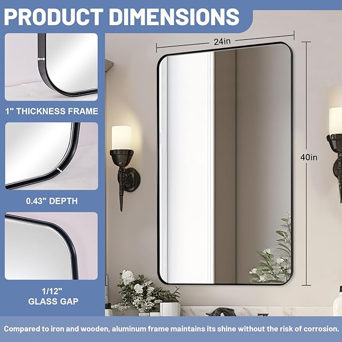 Black Mirrors for Bathroom, 24"x40" Rounded Corner Rectangle Mirror, Modern Metal Frame Bathroom Vanity Mirror for Home Decor Living Room Entryway (Horizontal/Vertical)
