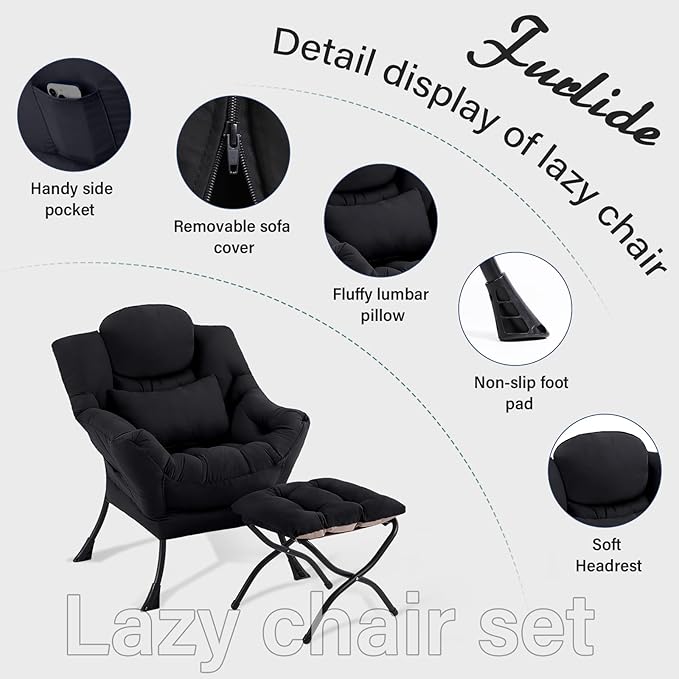Lazy Chair with Ottoman, Comfy Fabric Accent Lounge Arm Chair with Lumbar Pillow and Folding Footrest, Reading Leisure Sofa Chair for Bedroom, Living Room, Dorm,Black