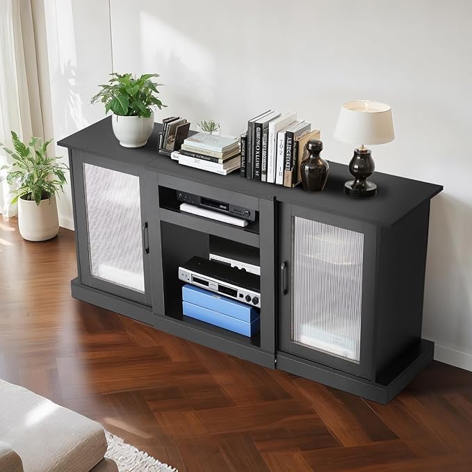 VEVOR TV Stand for TVs up to 65 inch, Modern Entertainment Center with Light Strip, Wooden TV Cabinet Storage with Glass Doors and Adjustable Shelves, Console Table for Living Room and Bedroom, Black