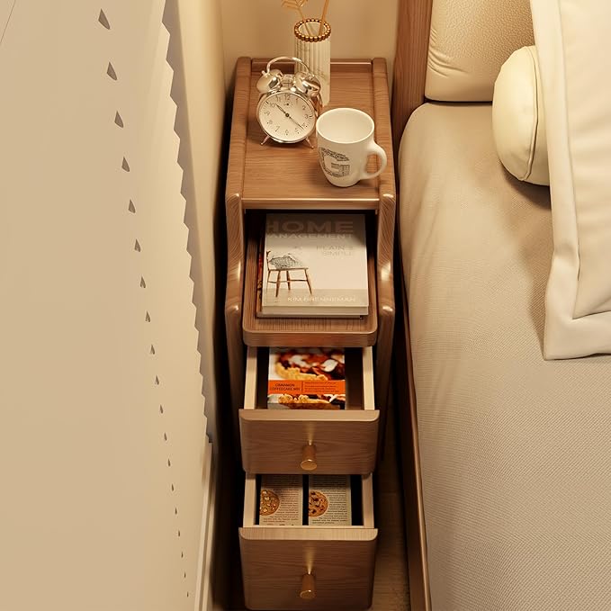 Small Nightstand with Drawers, Solid Wood Bedside Table, Narrow Walnut Nightstand for Bedroom