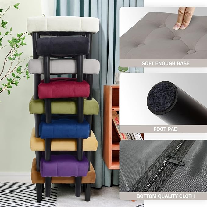 HOUCHICS Small Footstool Ottoman, Velvet Wooden Foot Stool Ottoman with Wood Legs, Sofa Footrest Extra Seating for Living Room Entryway Office(Grey 1PACK)