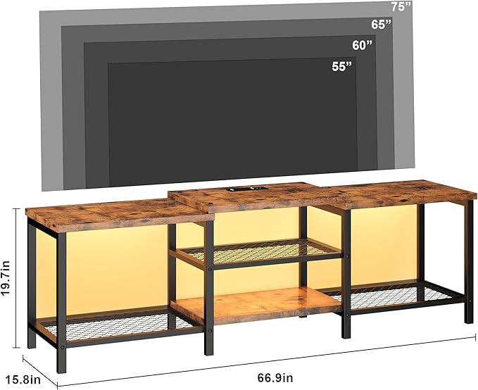 GarveeHome TV Stand with LED Lights for 55/65/75 Inch TV, 67 Inch Large Entertainment Center with Power Outlets, Media Console for Living Room, Bedroom, Vintage Brown