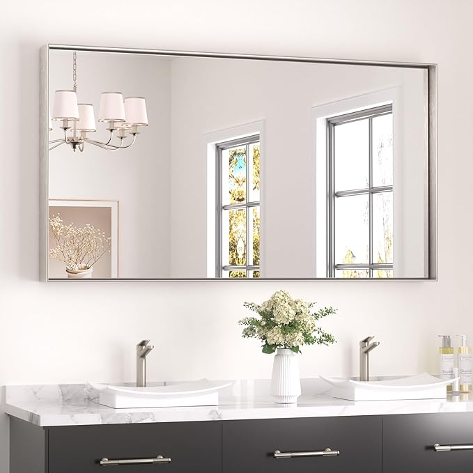 Keonjinn 55 x 30 In Brushed Nickel Bathroom Mirror for Wall, Rectangular Metal Framed Large Silver Vanity Mirror for Over Sink Square Corner Aluminum Alloy Modern Rectangle Mirror(Horizontal/Vertical)