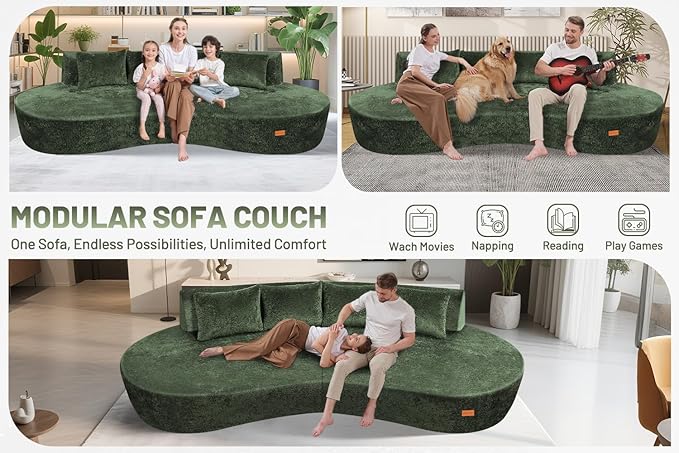 Homguava 104'' Modular Sectional Sofa,Curved Modern Sofa with Memory Foam,Deep Seat Cloud Couch with 4 Pillows,Upholstered Oversized Couches for Living Room Apartment Office,No Assembly Required,Green
