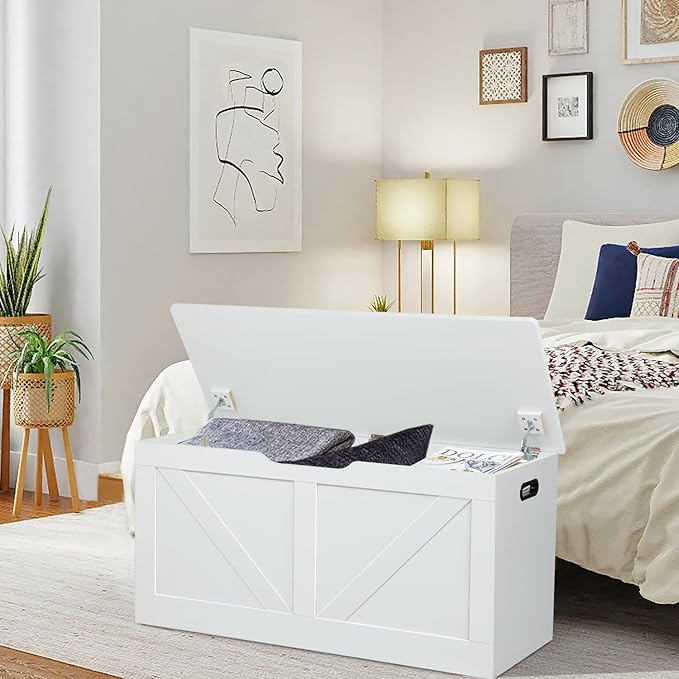 39.4" Storage Chest, Wooden Storage Bench, Large Storage Trunk with 2 Safety Hinges, Entryway Shoes Bench for Living Room, Bedroom, White