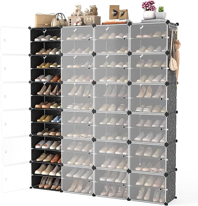 Portable Shoe Rack Organizer with Door, 96 Pairs Shoe Storage Cabinet Easy Assembly, Plastic Adjustable Shoe Storage Organizer Stackable Detachable Free Standing DIY Expandable 12 Tier Black