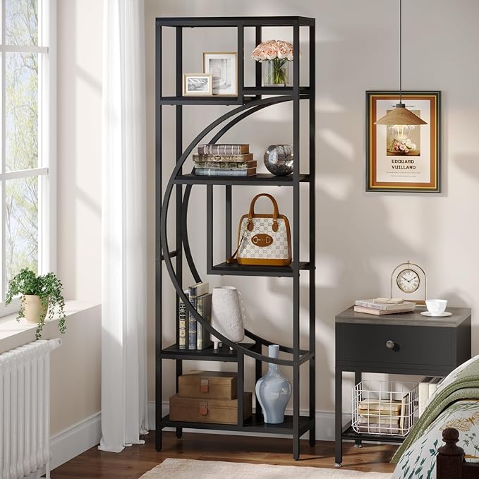 Geometric Bookshelf, 70.9" Tall Bookcase with 7-Shelf Open Shelves, Wood Metal Book Shelf Display Rack Storage Shelving Unit for Office, Bedroom, Living Room, Easy Assembly, Black