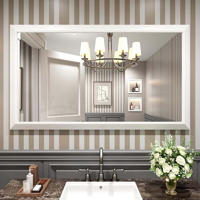 Amorho Bathroom Mirror, 55x32 Inch White Thick Metal Framed Wall Mirrors for Over 2 Sinks, Bedroom, Living Room, Entryway, Large Rectangle Wall-Mounted Mirrors.