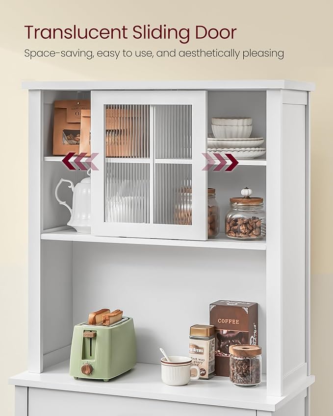 VASAGLE 71" Kitchen Pantry Cabinet with Lights and Charging Station, Coffee Bar Cabinet with Doors and Drawer, Farmhouse Style, Adjustable Shelves, Cloud White UBBK363W11