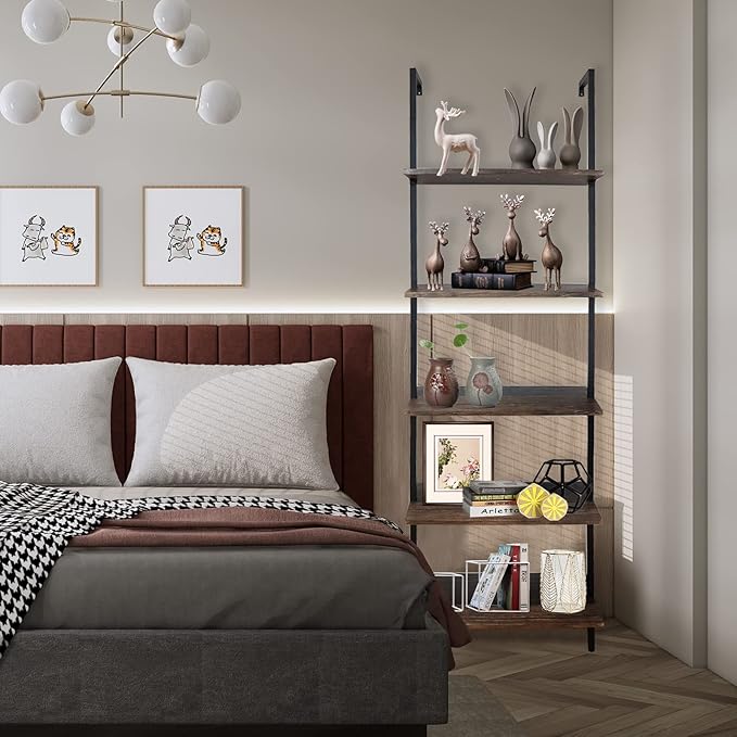 5 Tiers Ladder Shelf Brown Modern Bookshelf Open Tall Wall Mount Bookcase Standing Leaning Wall Shelves Industrial Decorative Living Room Bed Room
